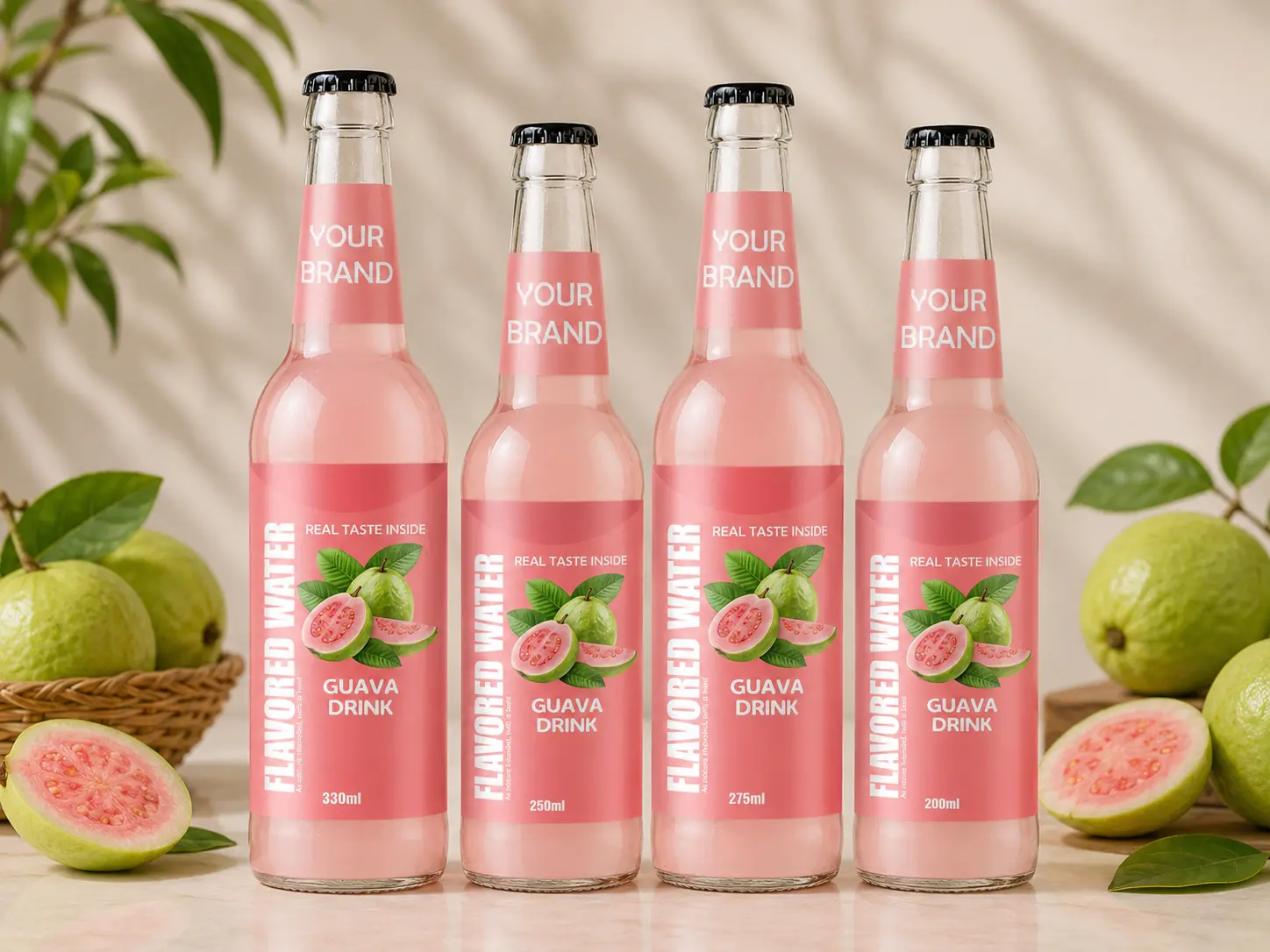 FLAVORED WATER Guava flavour in 200ml, 250ml, 275ml and 330ml glass bottles.